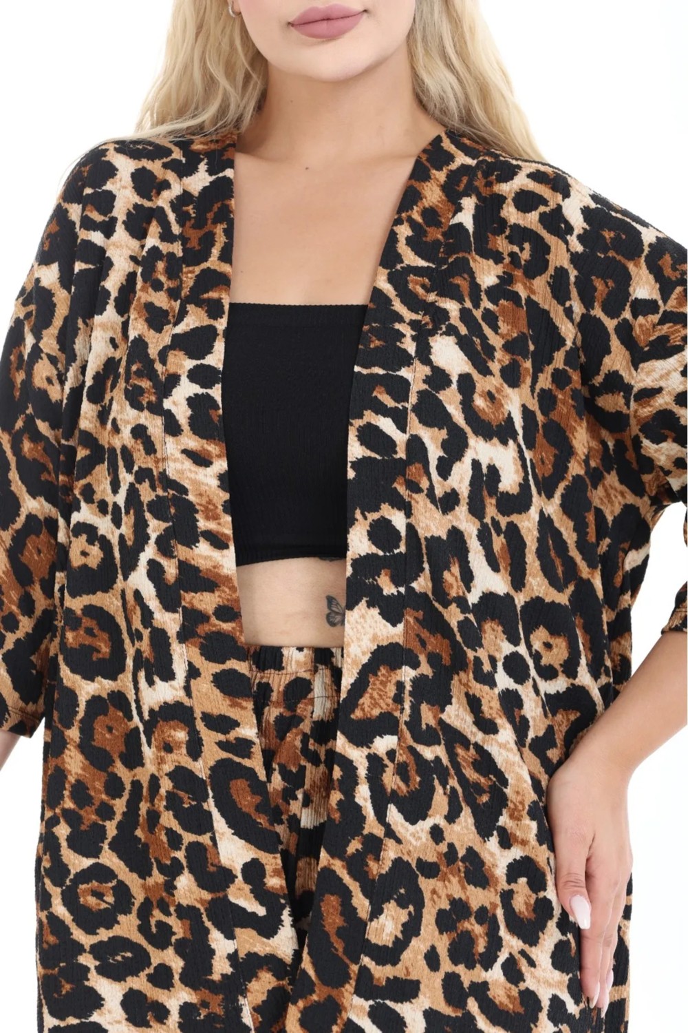 Şuranur Leopar Kimono Hırkalı 2li Alt Üst Takım Bürümcük Kumaş Yazlık 2xl-6xl Oversize görsel 2