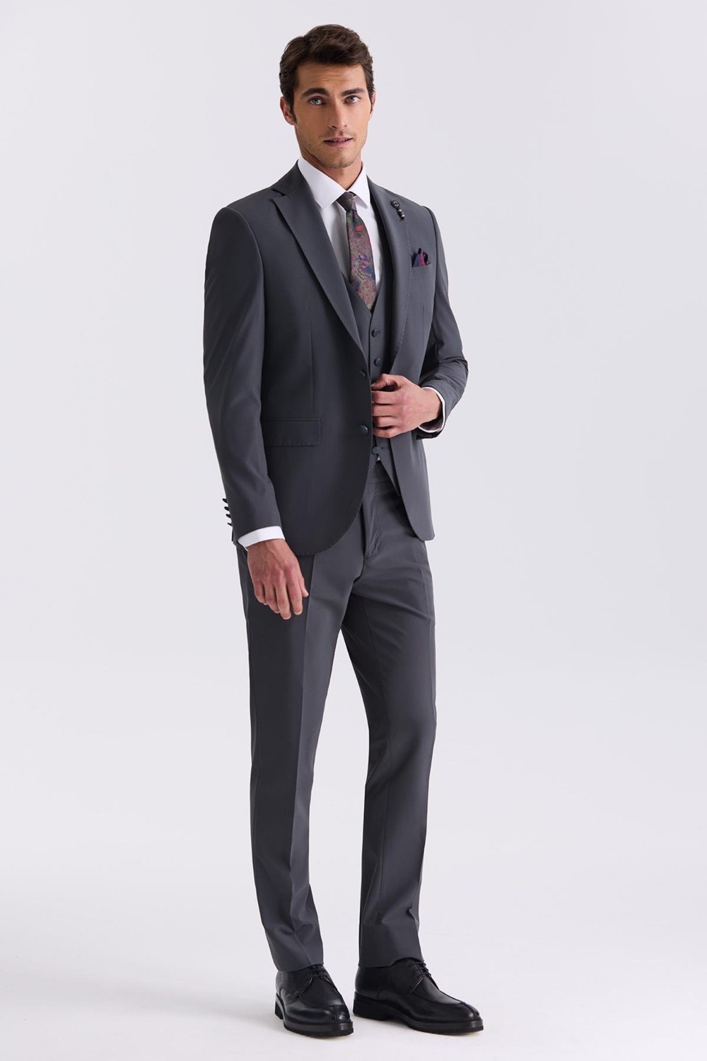 Jakamen Antrasit Slim Fit Mono Yaka Yelekli Takım Elbise
