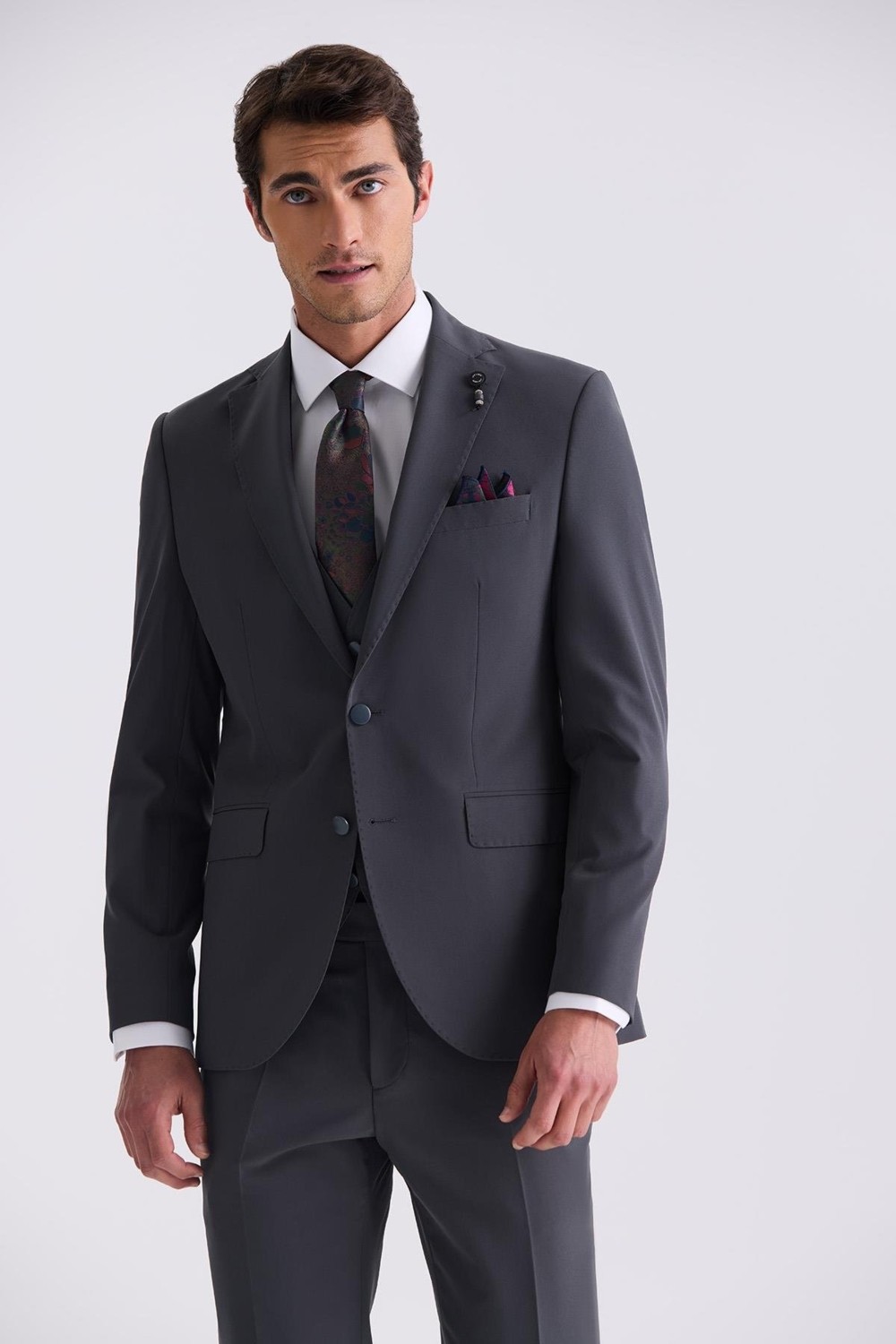 Jakamen Antrasit Slim Fit Mono Yaka Yelekli Takım Elbise görsel 2