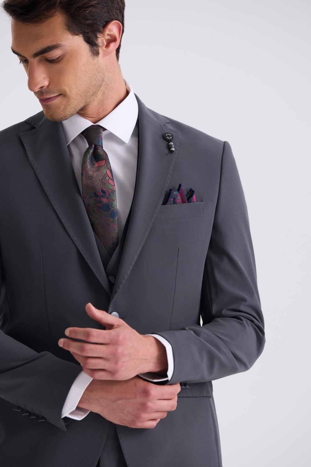 Jakamen Antrasit Slim Fit Mono Yaka Yelekli Takım Elbise görsel 3
