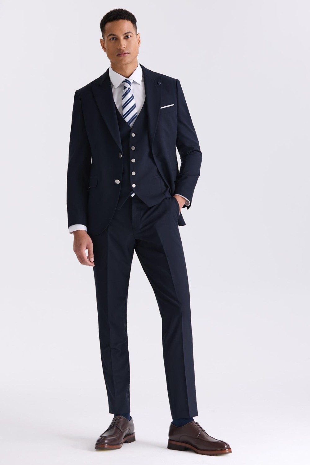 Jakamen Lacivert Slim Fit Sivri Yaka Yelekli Takım Elbise