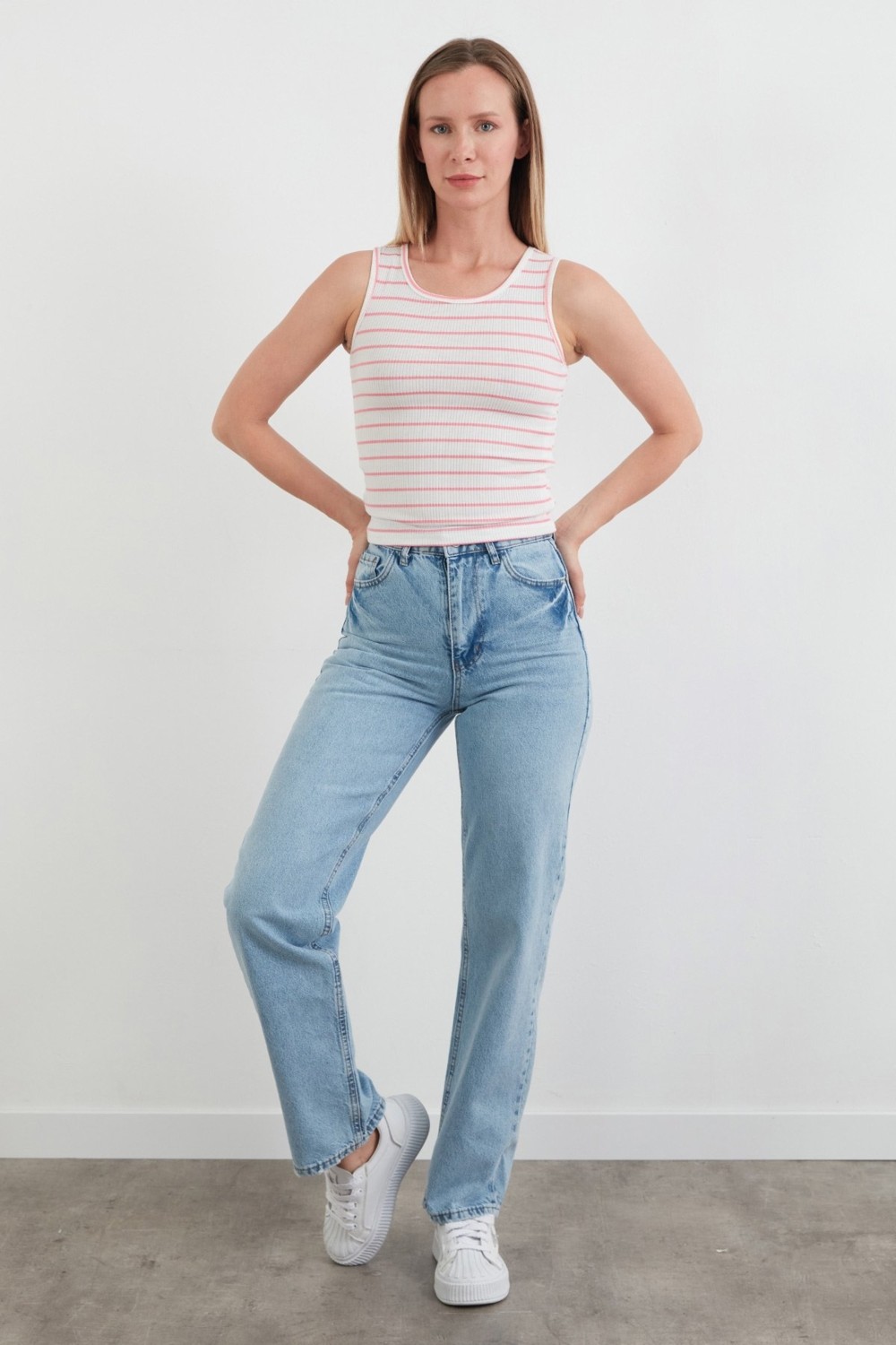FullaModa Çizgili Yanları Stoperli Halter Yaka Body görsel 8