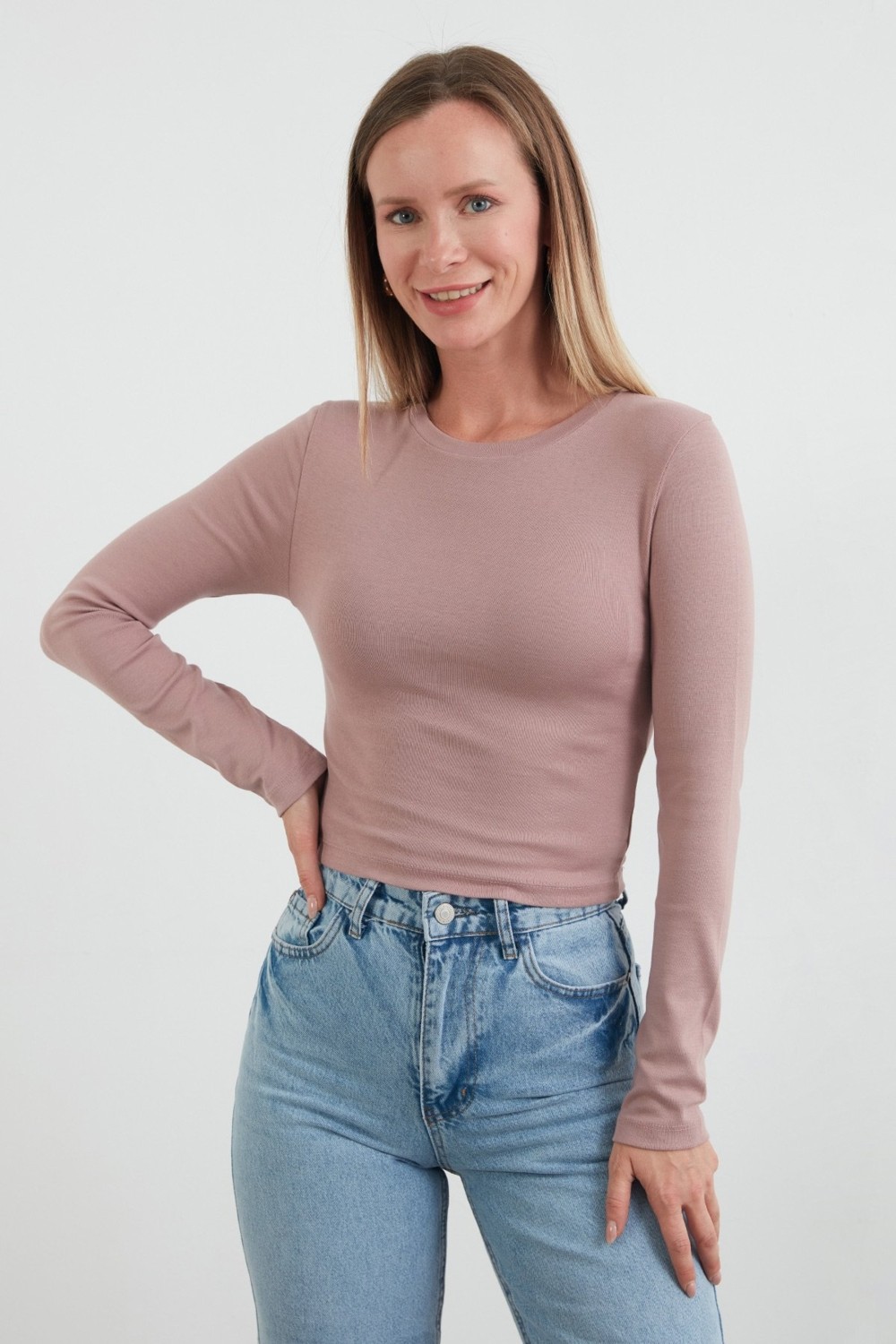 FullaModa Basic Bisiklet Yaka Uzun Kollu Crop Body