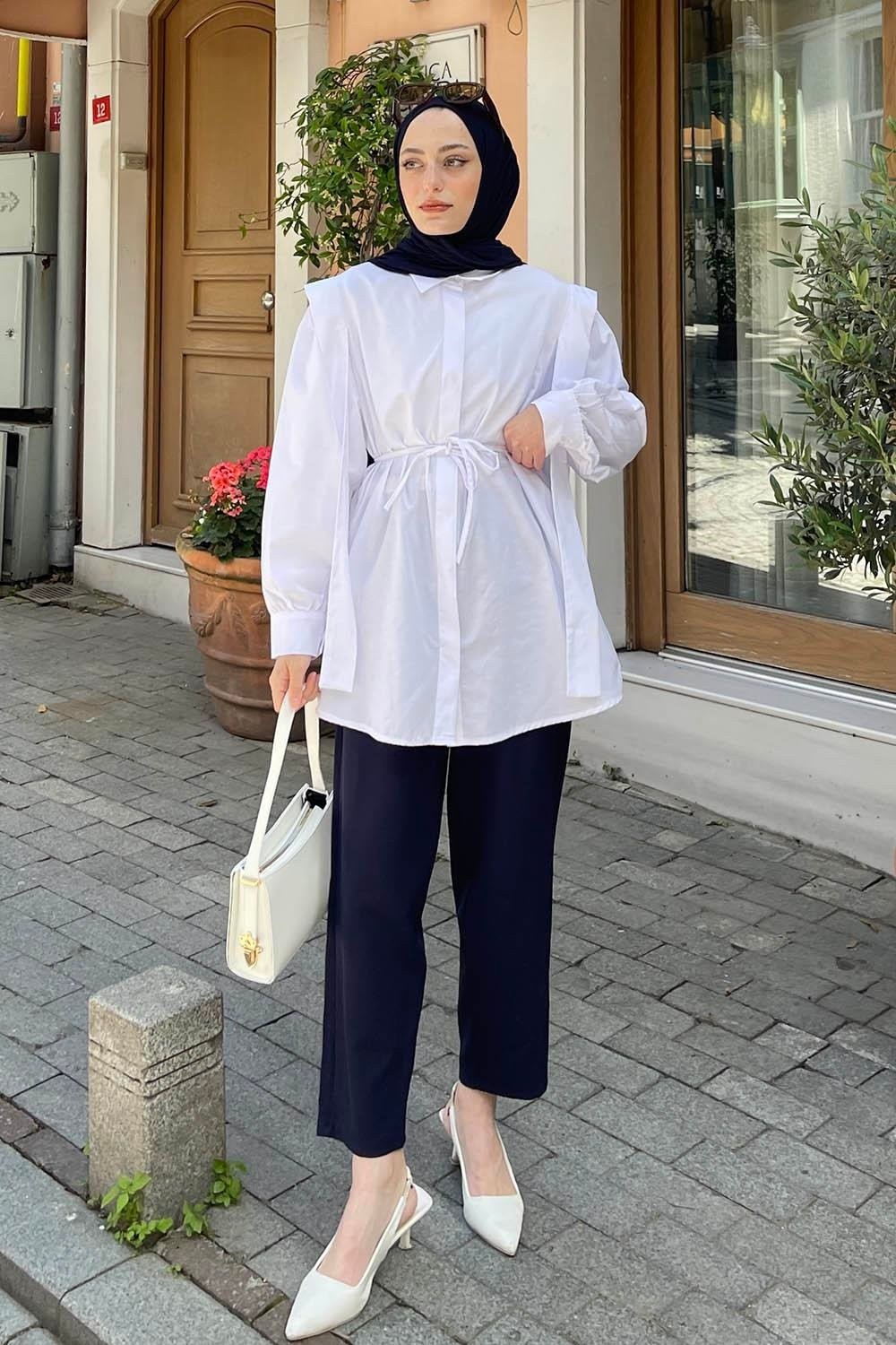 Lamelif Bel Bağlamalı Omuz Vatkalı Gömlek Mürdüm görsel 4