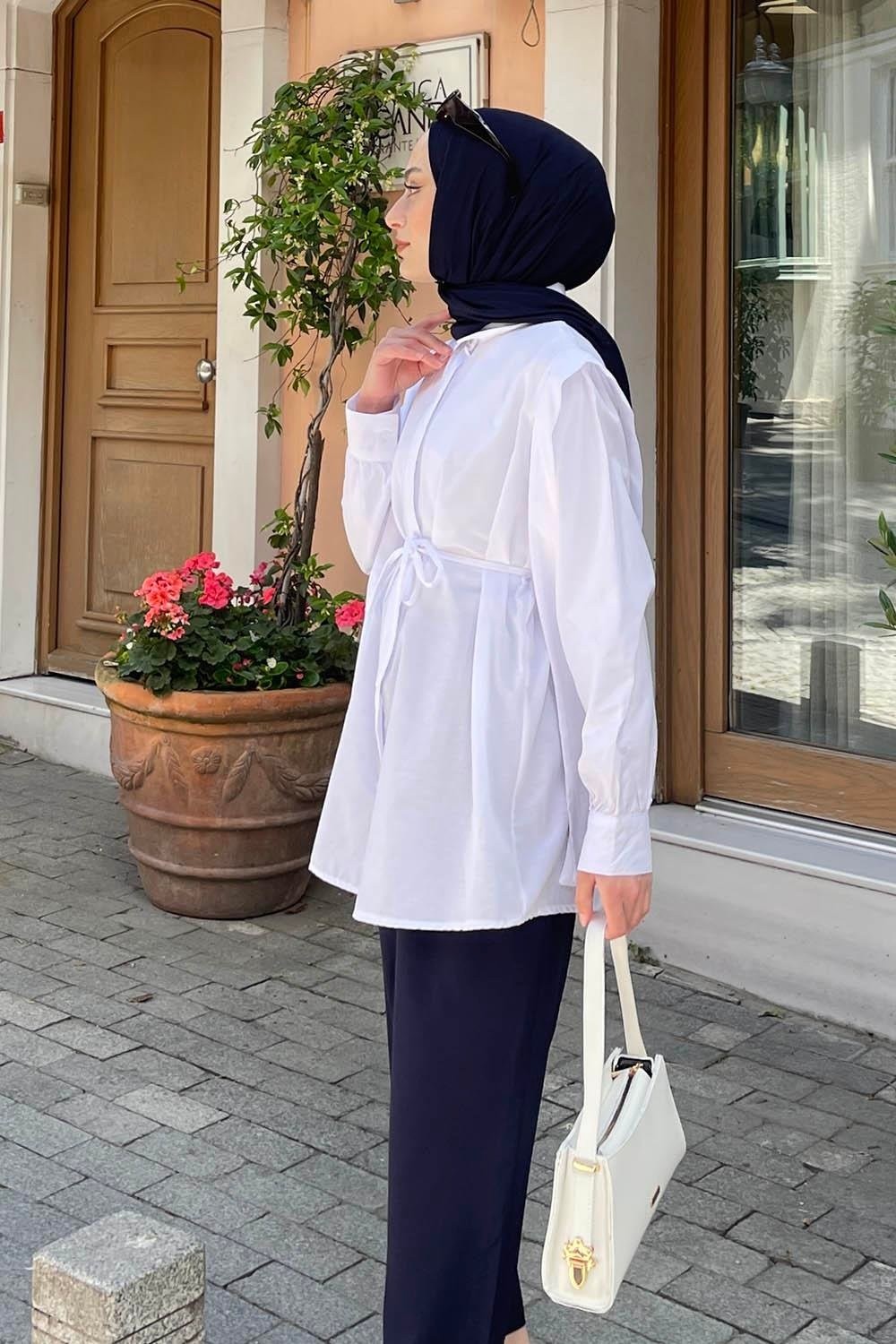 Lamelif Bel Bağlamalı Omuz Vatkalı Gömlek Mürdüm görsel 5