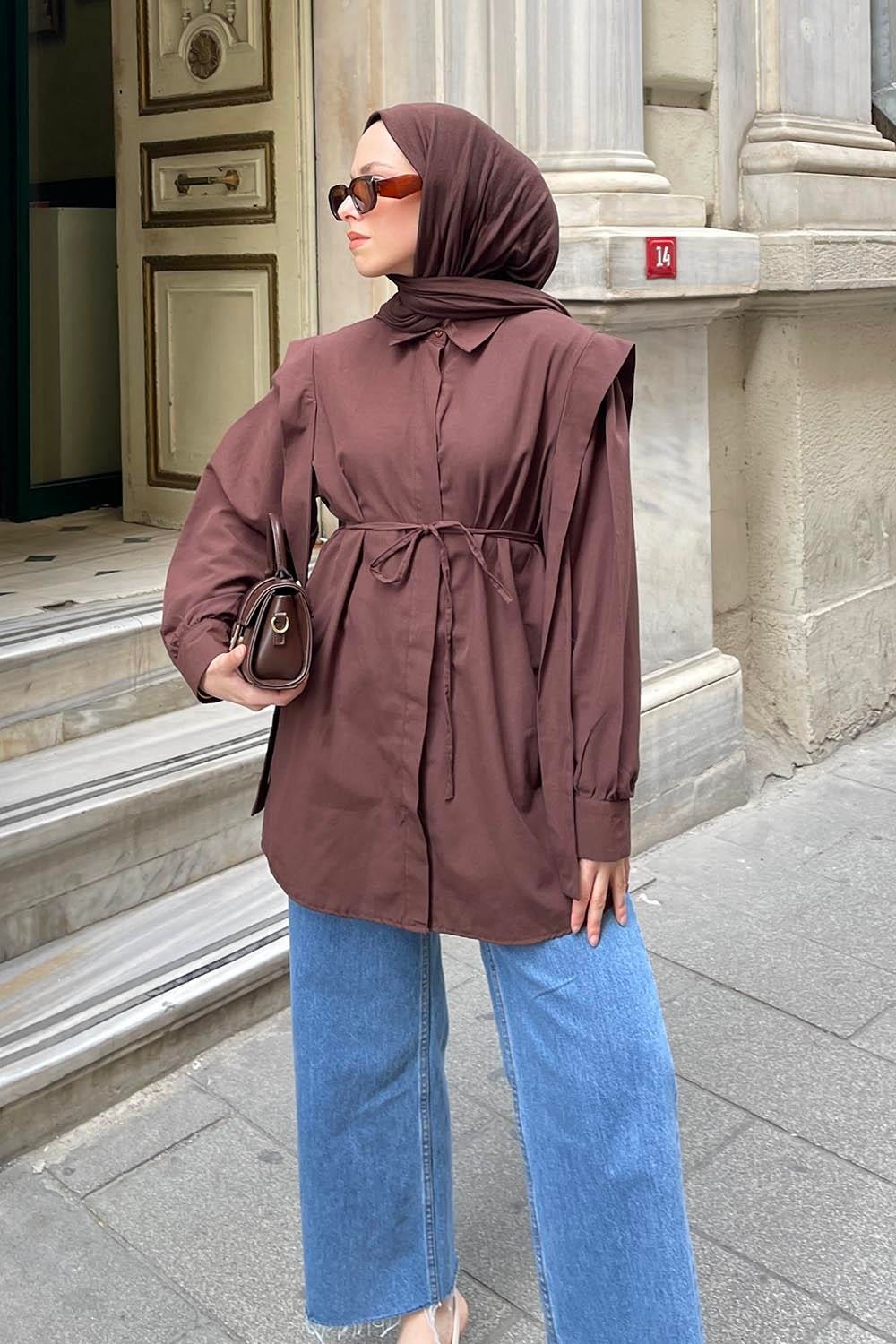 Lamelif Bel Bağlamalı Omuz Vatkalı Gömlek Mürdüm görsel 8