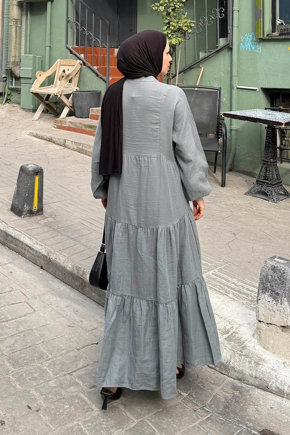 Lamelif Ön Yarım Düğme Detaylı Müslin Kumaş Tesettür Elbise Lacivert görsel 8