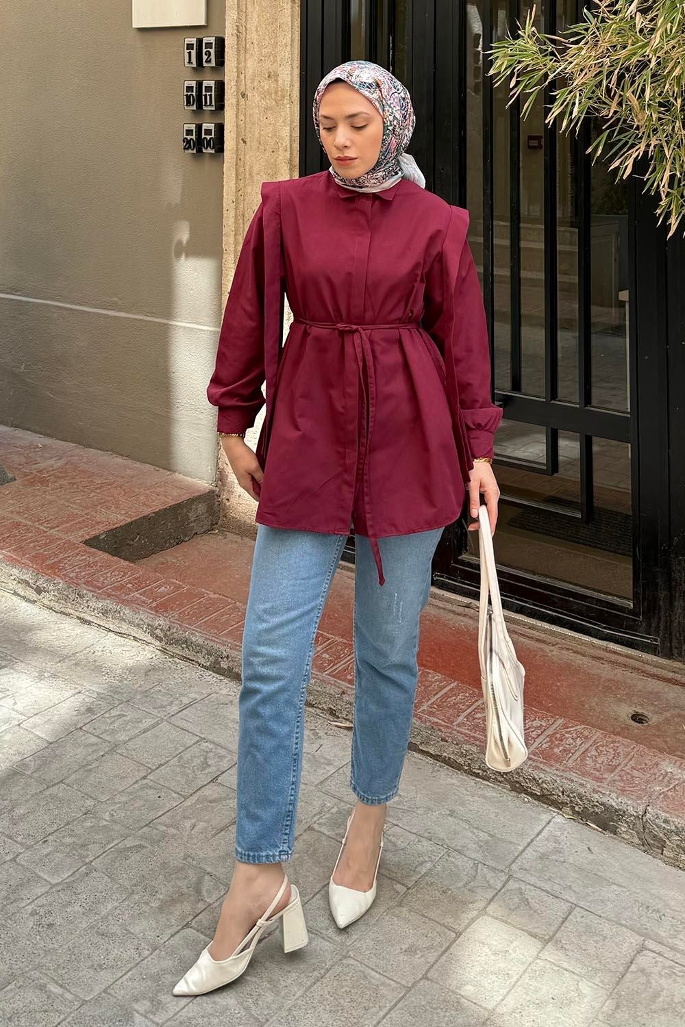 Lamelif Bel Bağlamalı Omuz Vatkalı Gömlek Mürdüm
