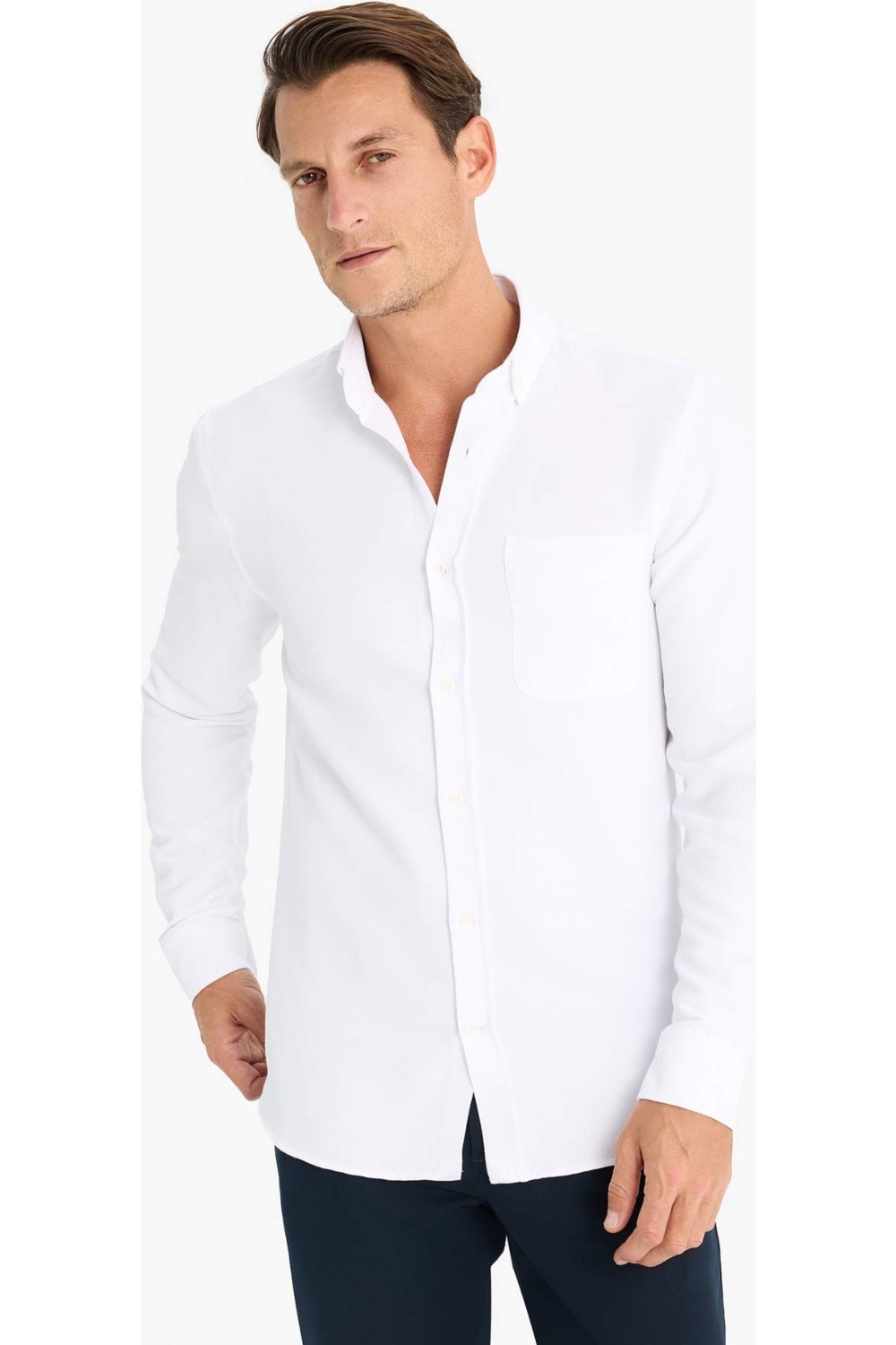 DeFacto Slim Fit Polo Yaka Dokulu Uzun Kollu Gömlek T2066AZ25SP görsel 3