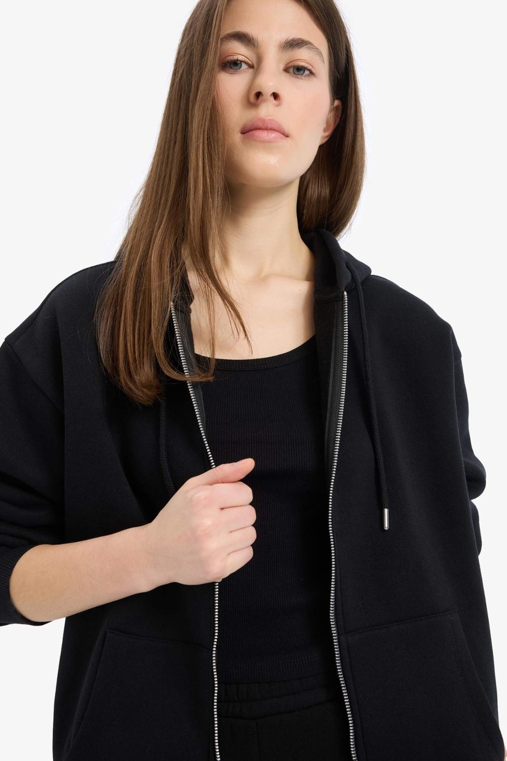 DeFacto Siyah Okula Dönüş Relax Fit Kapüşonlu Kalın Basic Düz Cepli Fermuarlı Sweatshirt D8717AX24WN görsel 5