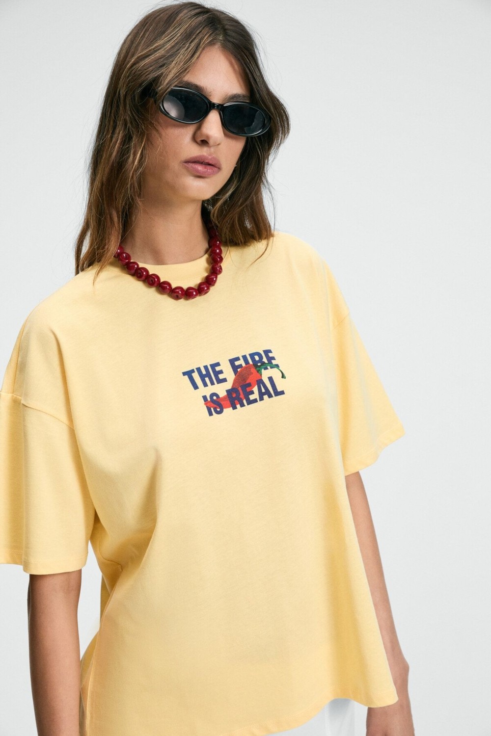 Grimelange CASSIANE Kadın Bisiklet Yaka Kısa Kollu Ön Ve Arka Baskılı Regular Sarı T-Shirt görsel 3