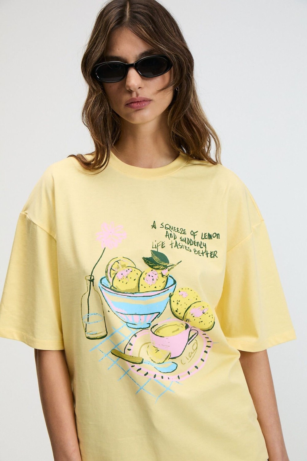 Grimelange NITZA Kadın %100 Pamuk Oversize Bisiklet Yaka Sarı T-Shirt
