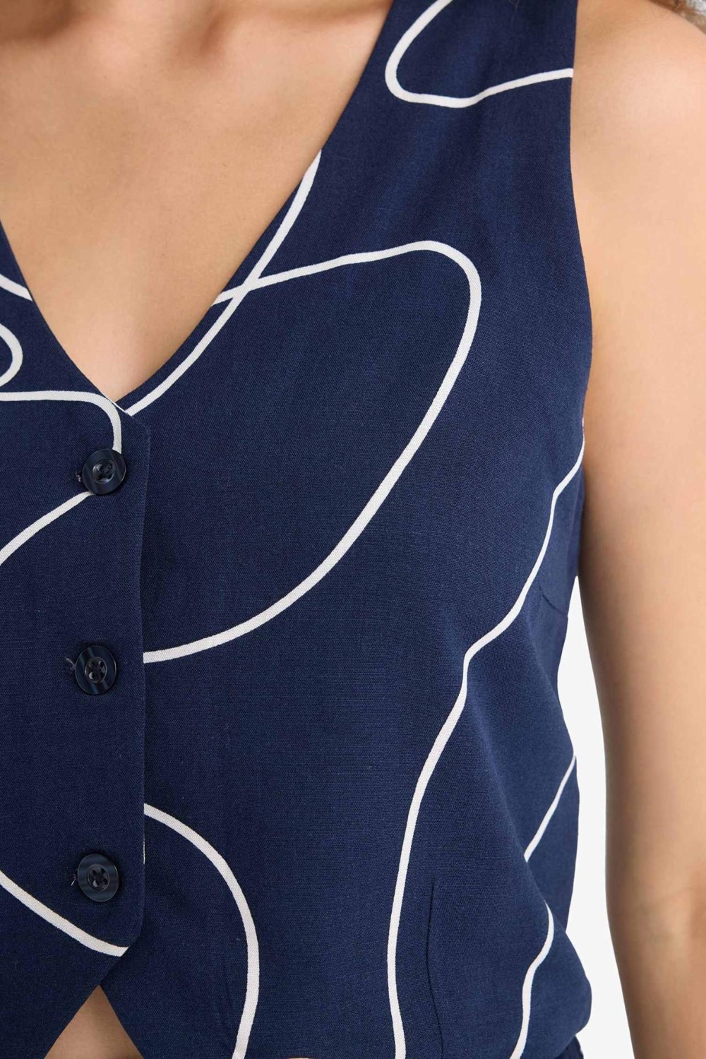 DeFacto V Yaka Desenli Keten Karışımlı Blazer Yelek F3492AX25SM görsel 4
