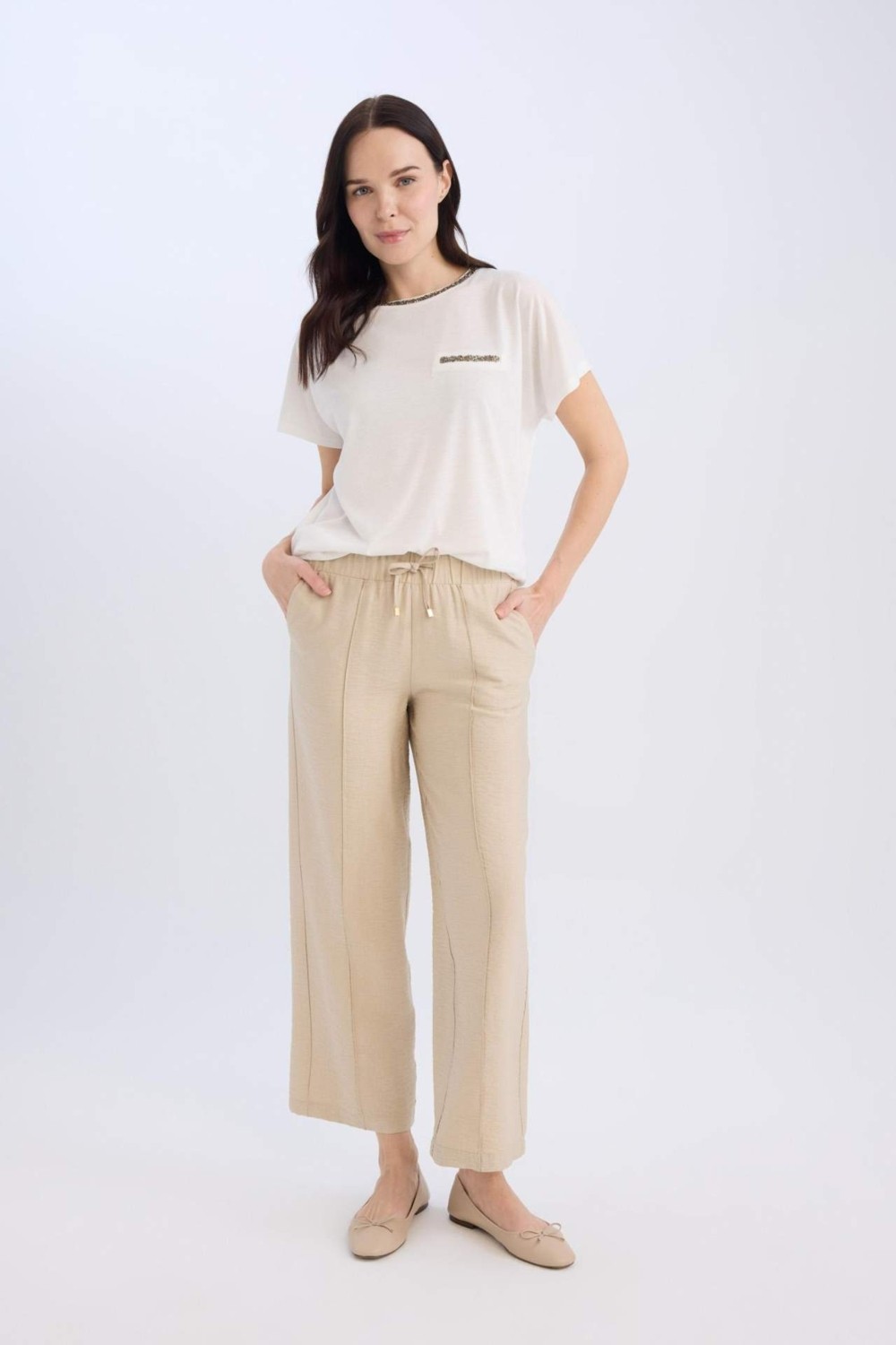 DeFacto Wide Straight Beli Lastikli Cepli Bağcıklı Düz Paça Pantolon D8354AX25SP görsel 5