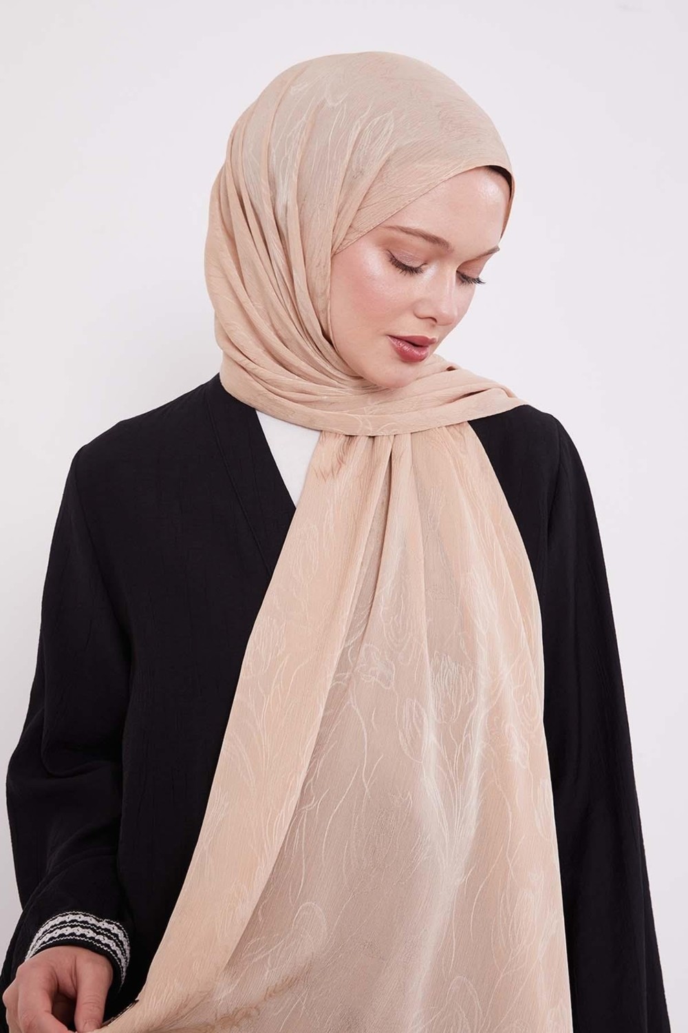 Lêvi D'or Kırık Beyaz Soyut Lale Desen Jakar Capri Şal görsel 8