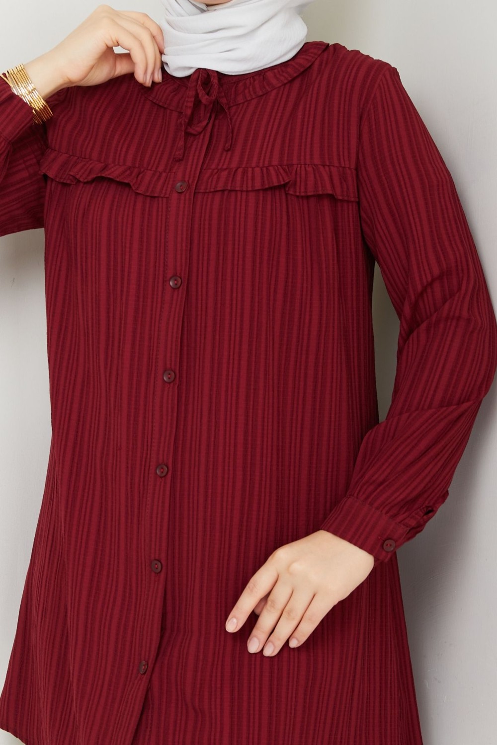 Pamuk Butik Kadın Yaka Detaylı Fırfırlı Robalı Gömlek -PMK429 görsel 5