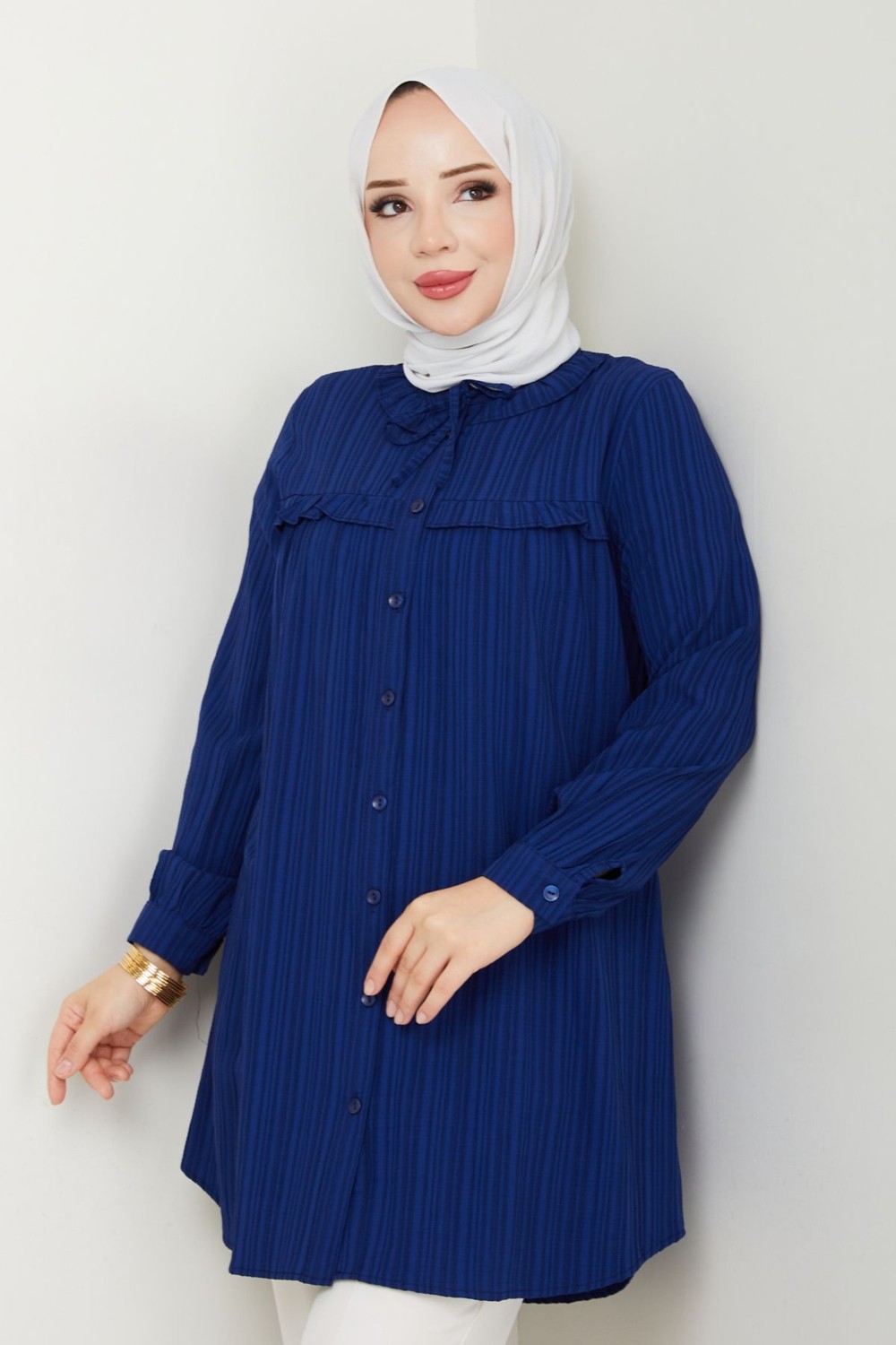 Pamuk Butik Kadın Yaka Detaylı Fırfırlı Robalı Gömlek -PMK429 görsel 8
