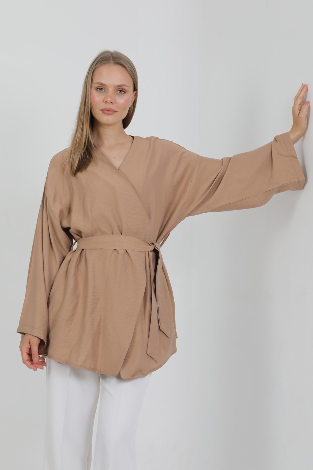 Pastelastore Doğal Viskon Kumaş Cepli Kemerli Kadın Kimono 1168, Yakasız, Hafif, Dökümlü, Yazlık Model