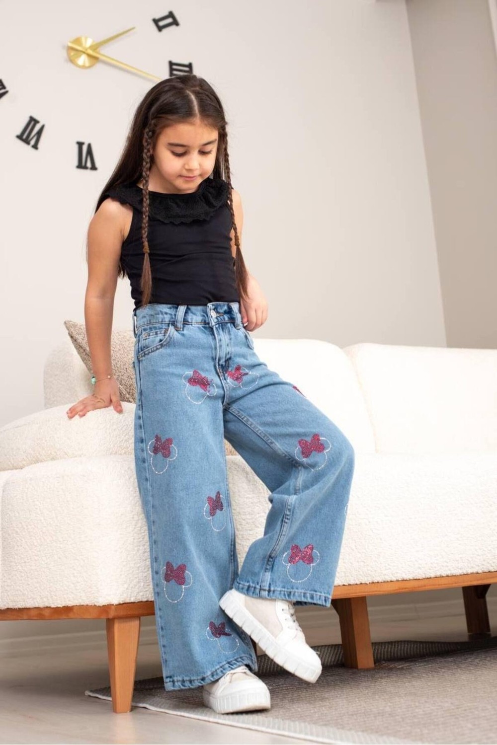 2kids2mom Yırtık Detaylı Geniş Paça Bel Ayarlı Kot Pantolon (5 - 12 Yaş) görsel 4