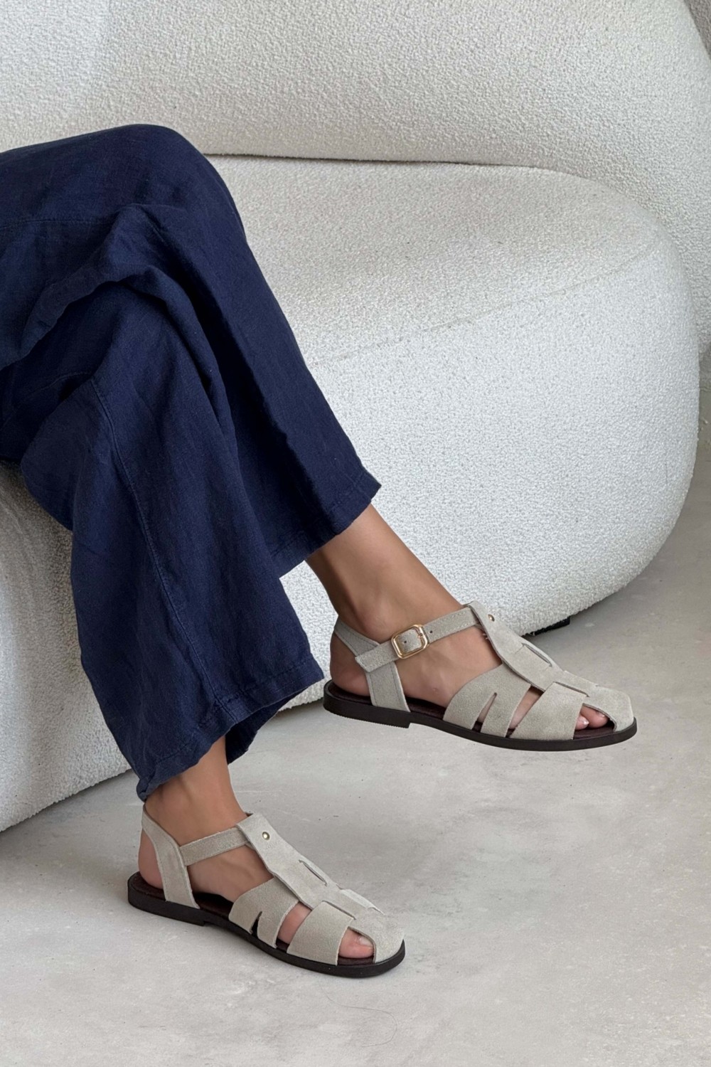 Nişantaşı Shoes Bird Taba Süet Hakiki Deri Toka Detay Düz Taban Kadın Sandalet görsel 2