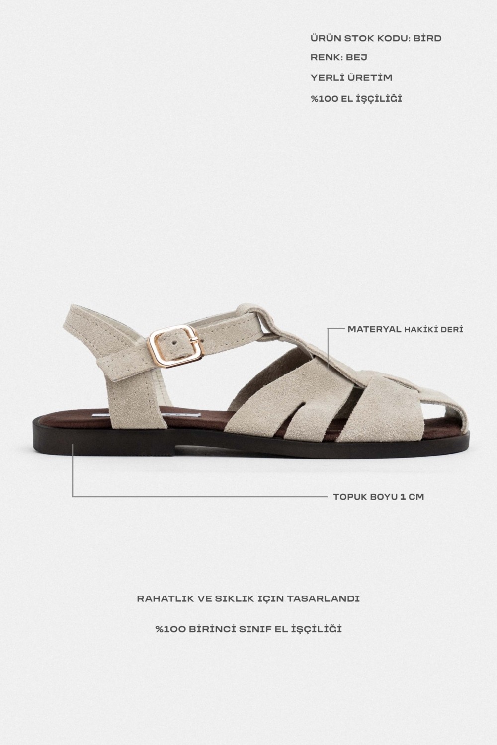 Nişantaşı Shoes Bird Taba Süet Hakiki Deri Toka Detay Düz Taban Kadın Sandalet görsel 4