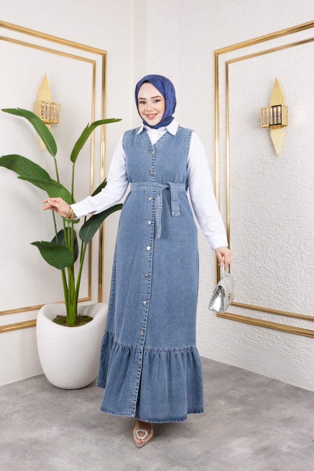 Harman Butik Kadın Düğmeli Kuşaklı Kot Jile görsel 3