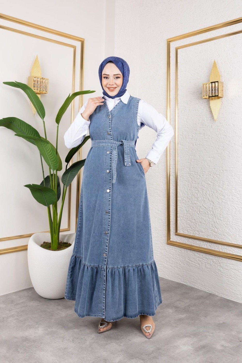 Harman Butik Kadın Düğmeli Kuşaklı Kot Jile görsel 5