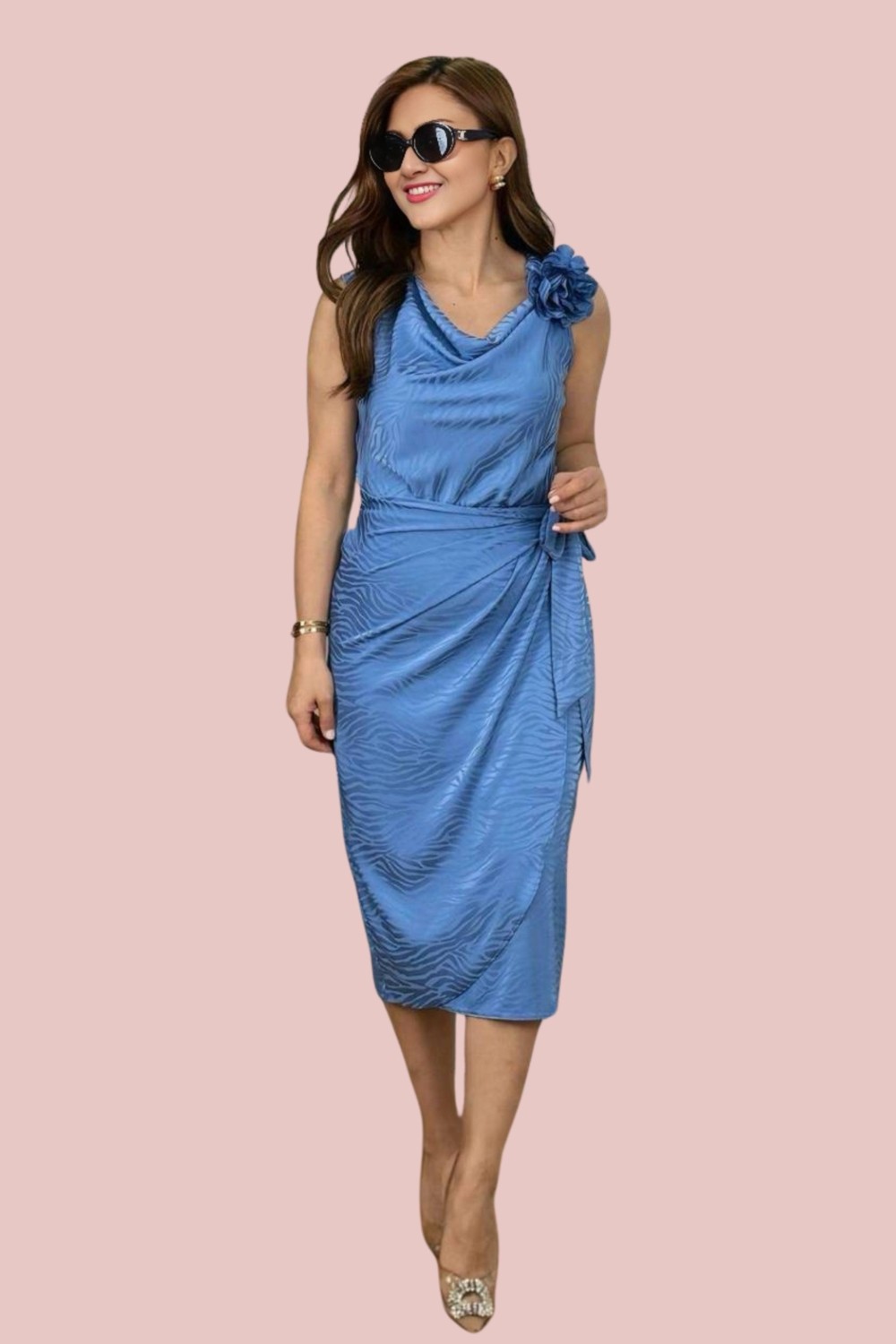 Zishan Fashion Zıshan Saten Gül Aksesuarlı Kuşak Bağlamalı Degaje Yaka Şık Parlak Gece Abiye & Elbise 002 görsel 7