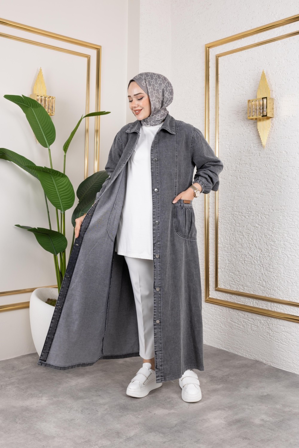 Harma Time Butik Kadın Düğmeli Cepli Kar Yıkamalı Denim Kot Kap görsel 3