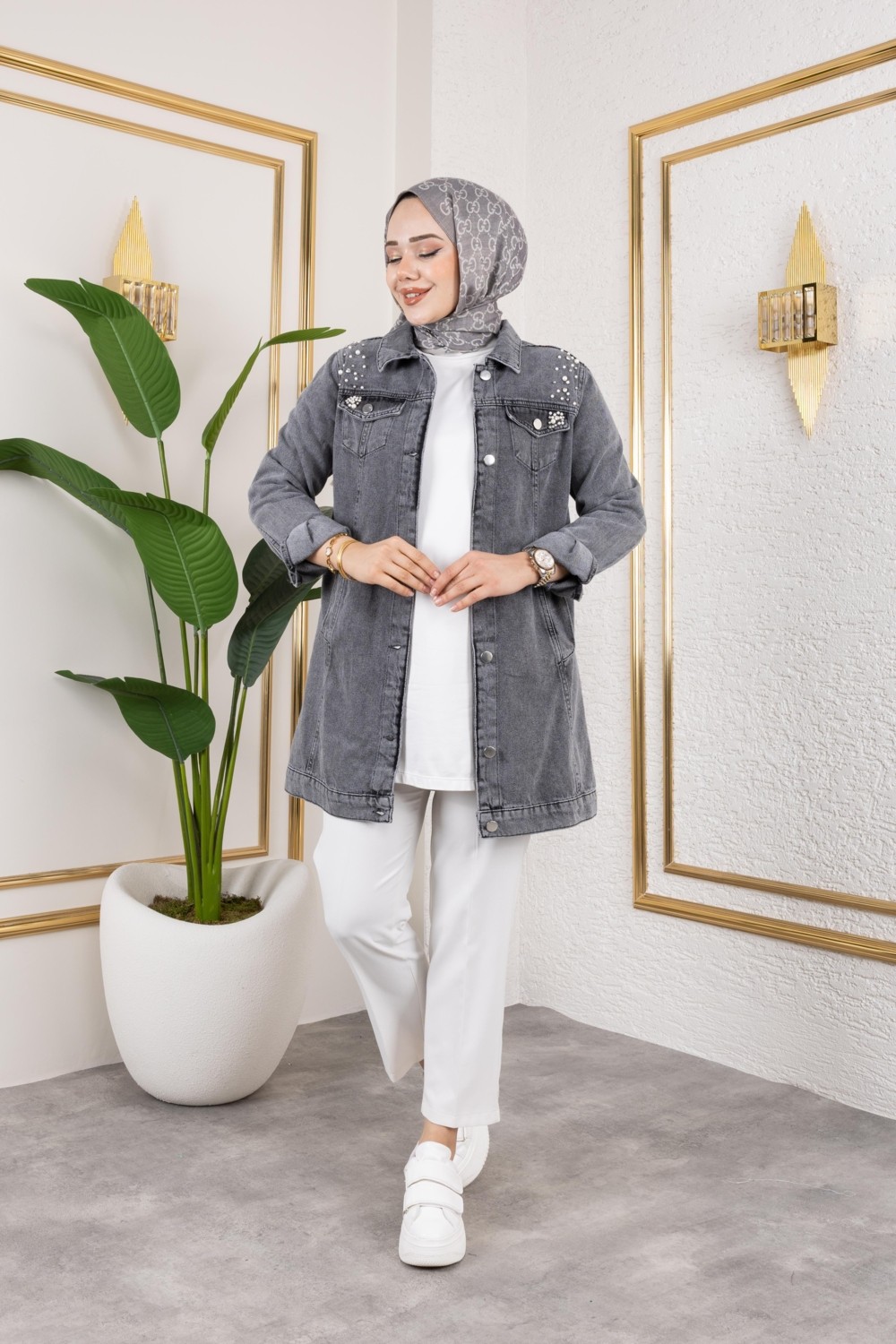 Harma Time Butik Kadın Boncuk Işlemeli Denim Kot Mavi Ceket görsel 2