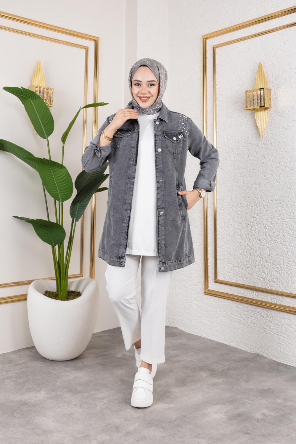 Harma Time Butik Kadın Boncuk Işlemeli Denim Kot Mavi Ceket görsel 3