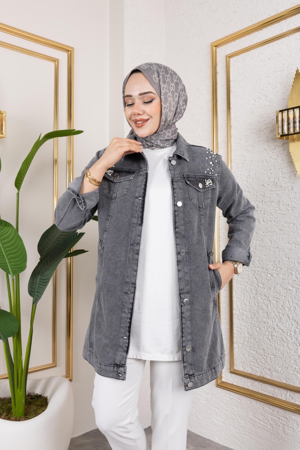 Harma Time Butik Kadın Boncuk Işlemeli Denim Kot Mavi Ceket görsel 4