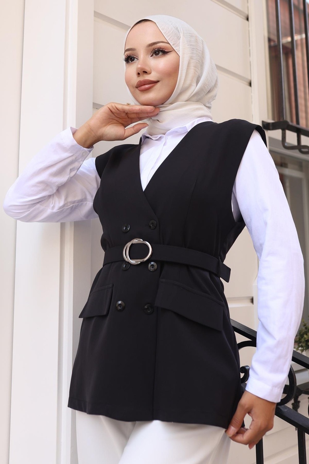Moda Mihram V Yaka Yelekli Takım Kahverengi 19254 görsel 2