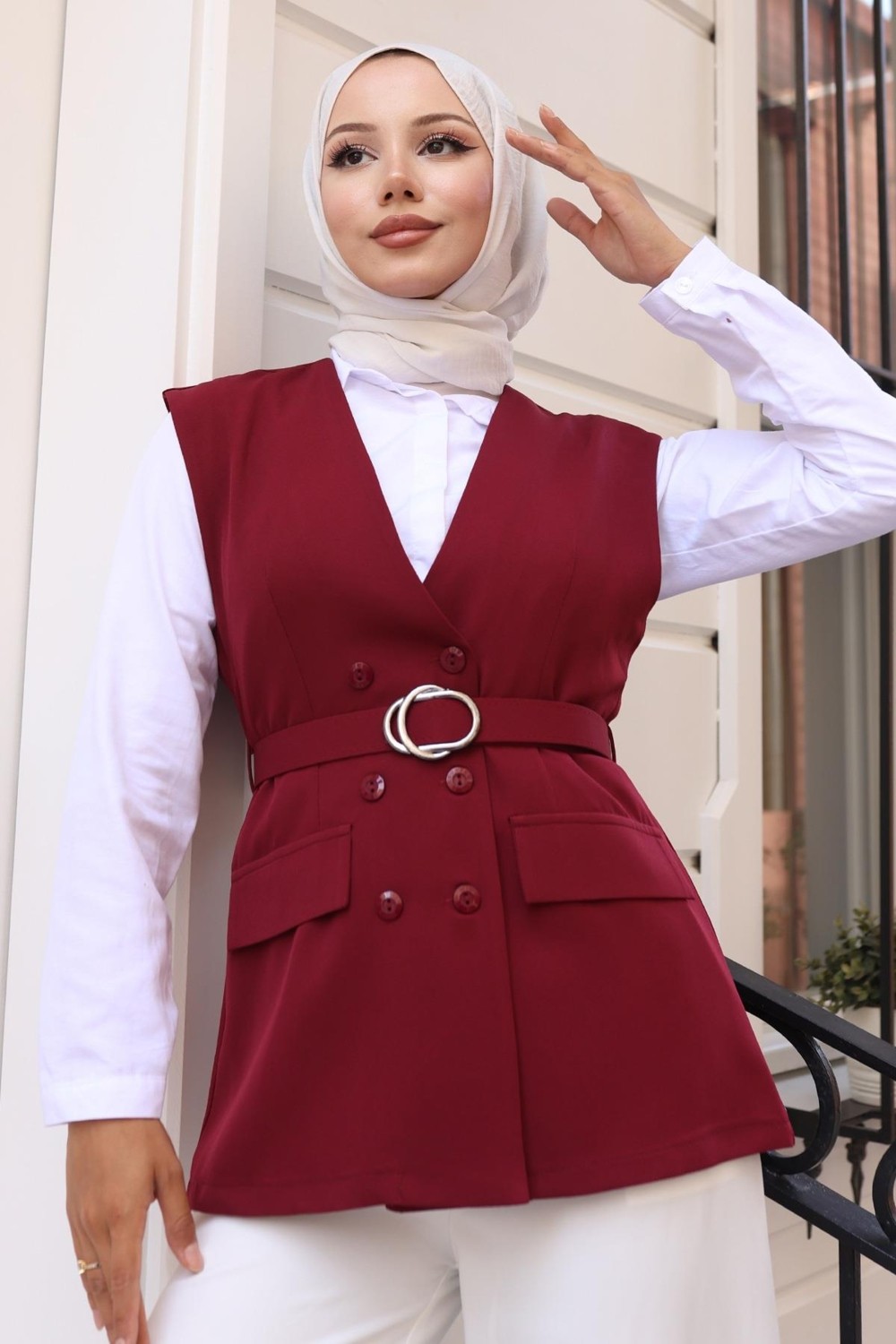Moda Mihram V Yaka Yelekli Takım Kahverengi 19254 görsel 7