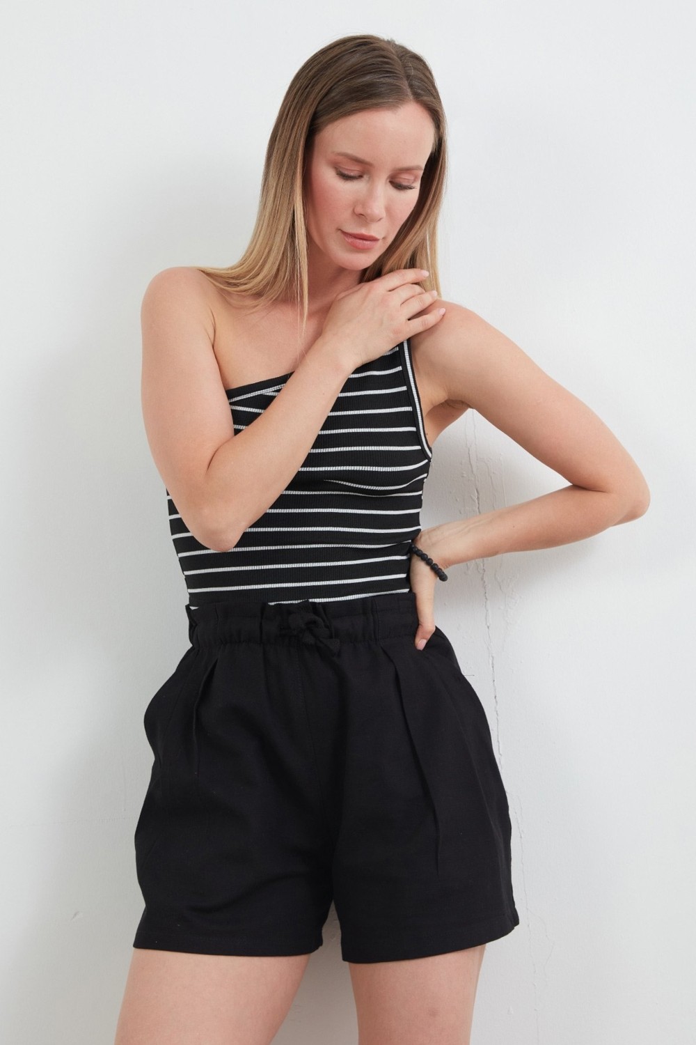 FullaModa Çizgili Tek Omuz Body görsel 8
