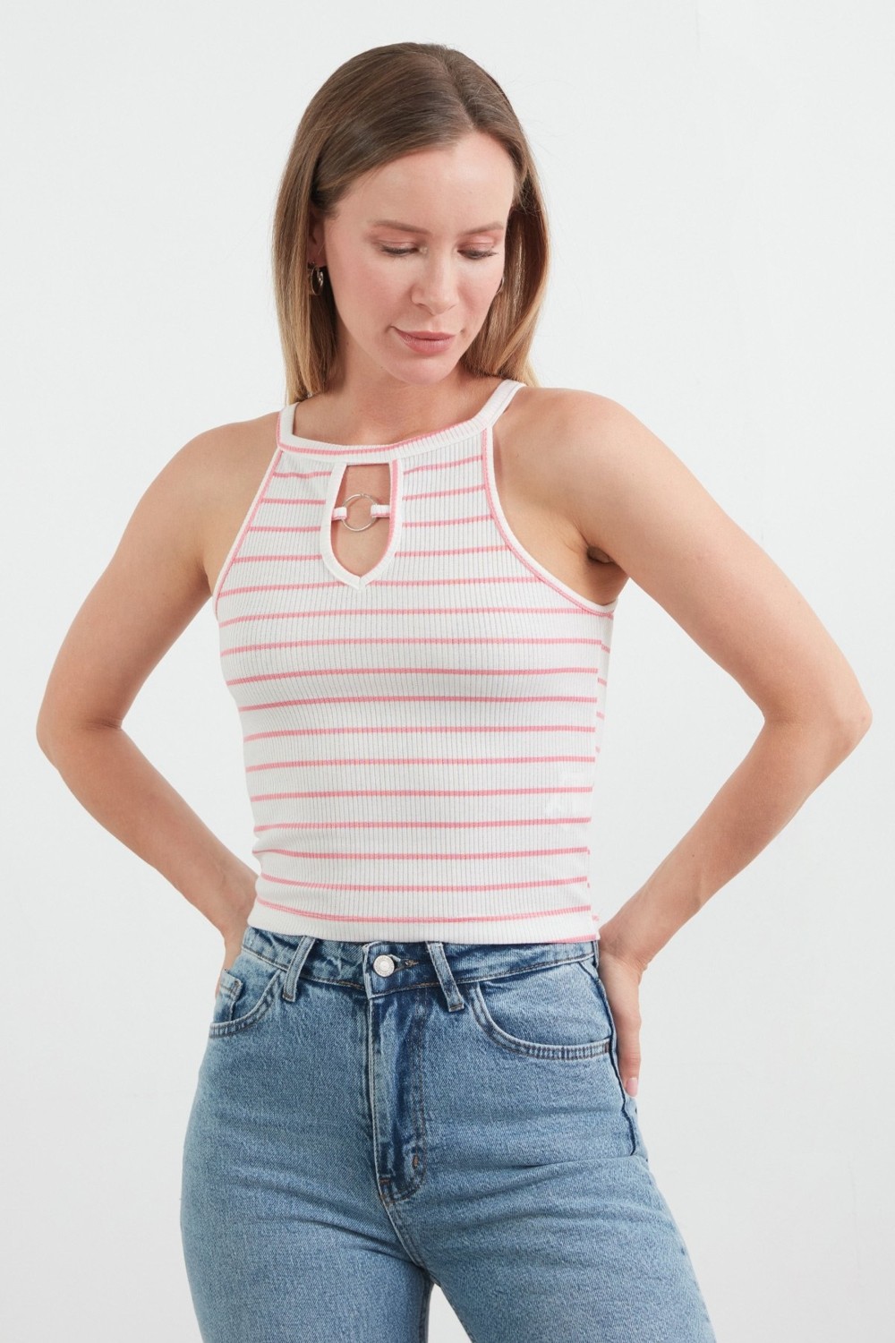 FullaModa Çizgili Halka Detaylı Halter Yaka Body