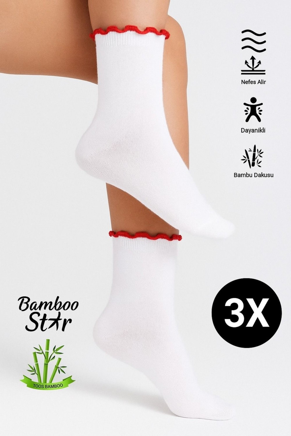 Bamboo Star Bambu Kadın Fırfırlı Lastiksiz Dikişsiz Kadın Soket 3lü Asorti Çorap/iz Bırakmaz Sıkmayan Çorap