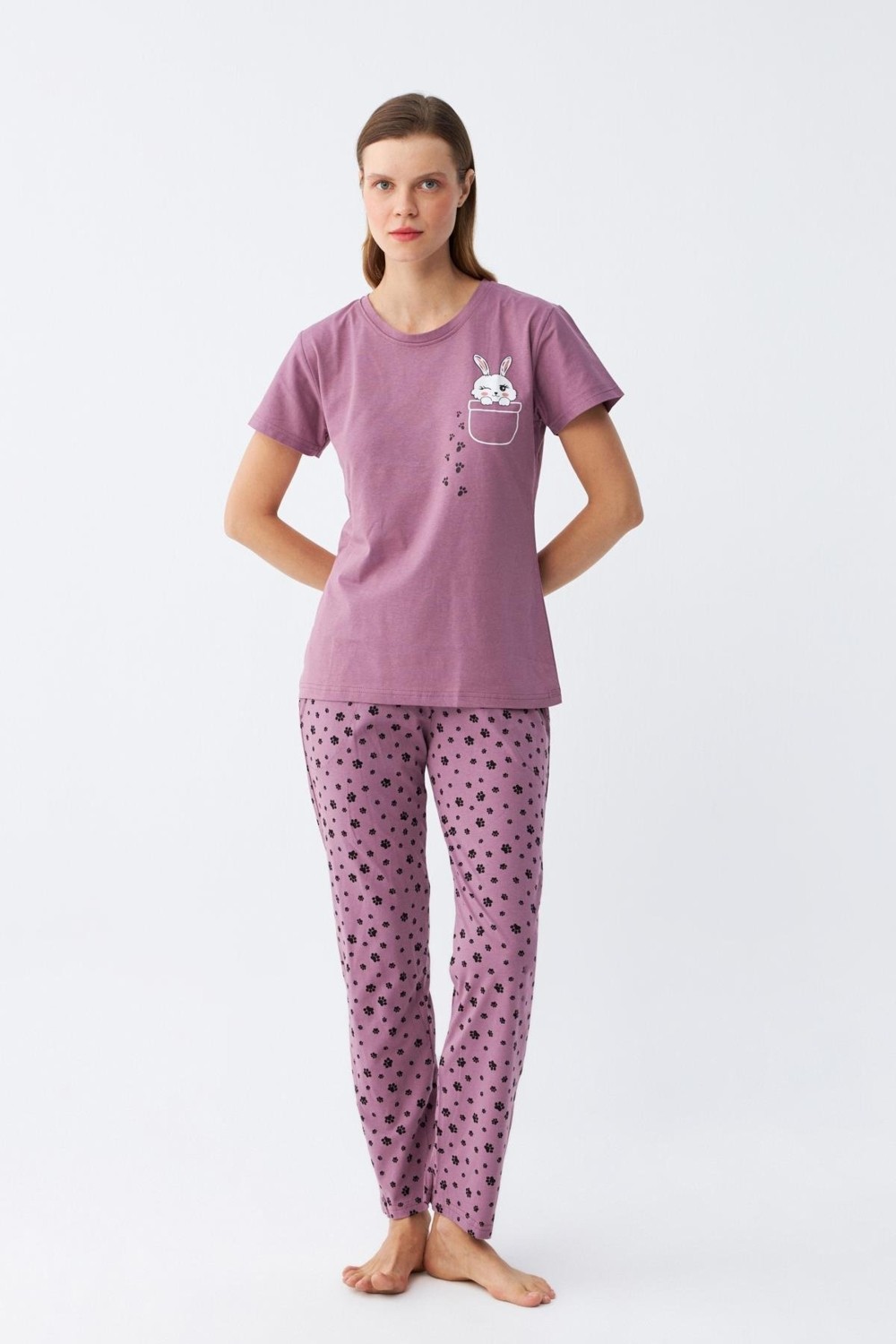 Akbeniz Kadın Mor Patili Tavşan Baskılı Cepli Pijama Takımı görsel 2