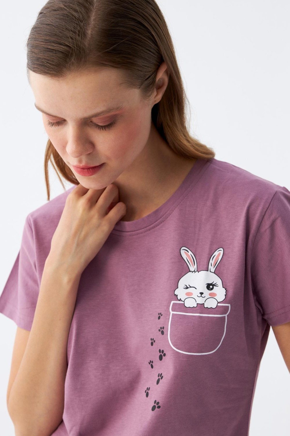 Akbeniz Kadın Mor Patili Tavşan Baskılı Cepli Pijama Takımı görsel 3