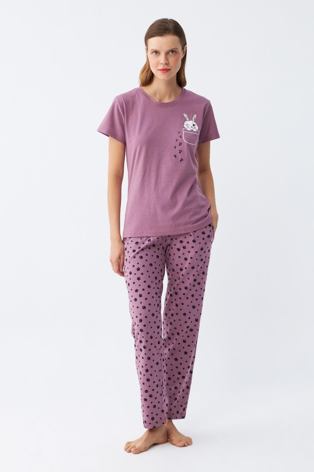 Akbeniz Kadın Mor Patili Tavşan Baskılı Cepli Pijama Takımı görsel 4