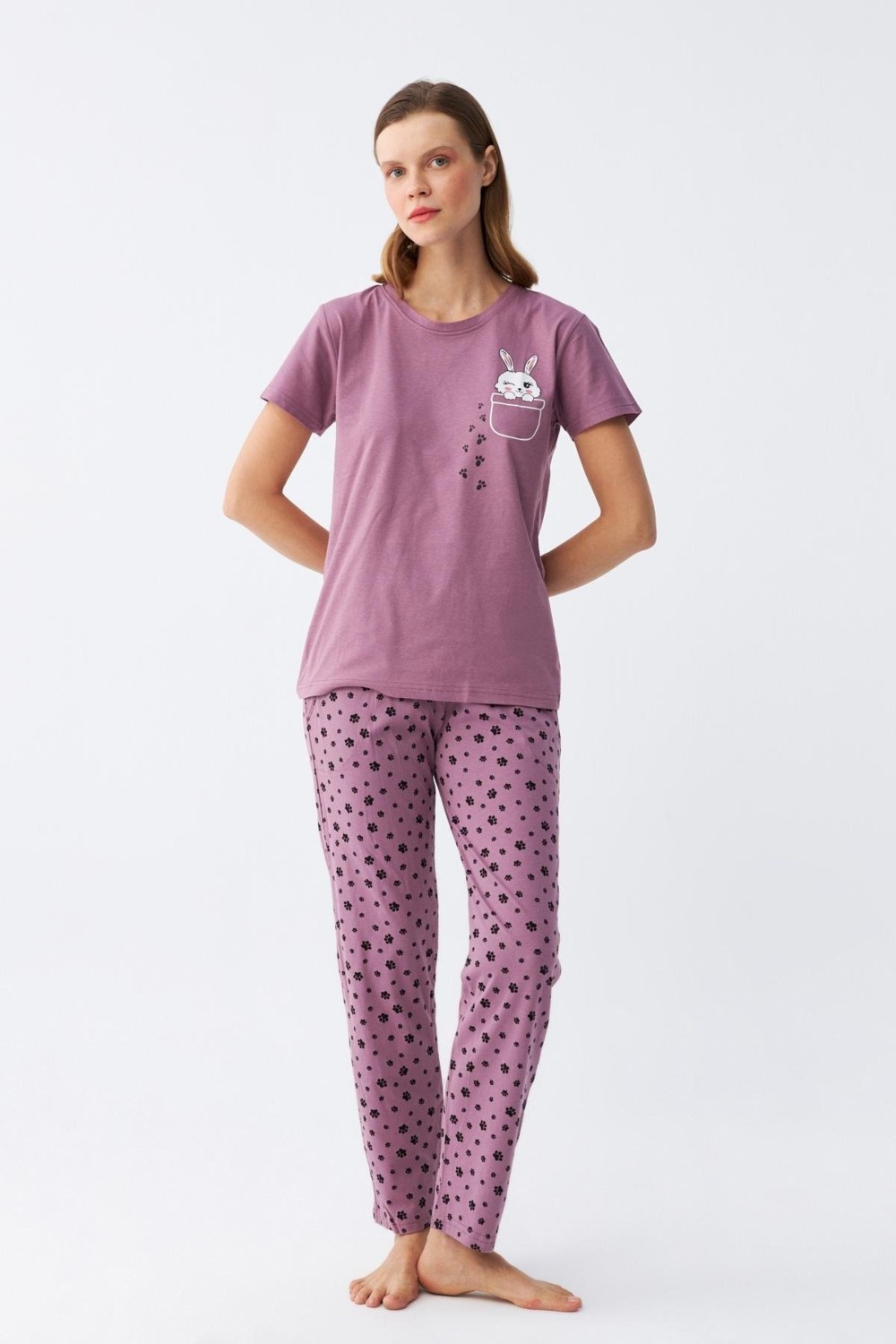 Akbeniz Kadın Mor Patili Tavşan Baskılı Cepli Pijama Takımı görsel 5
