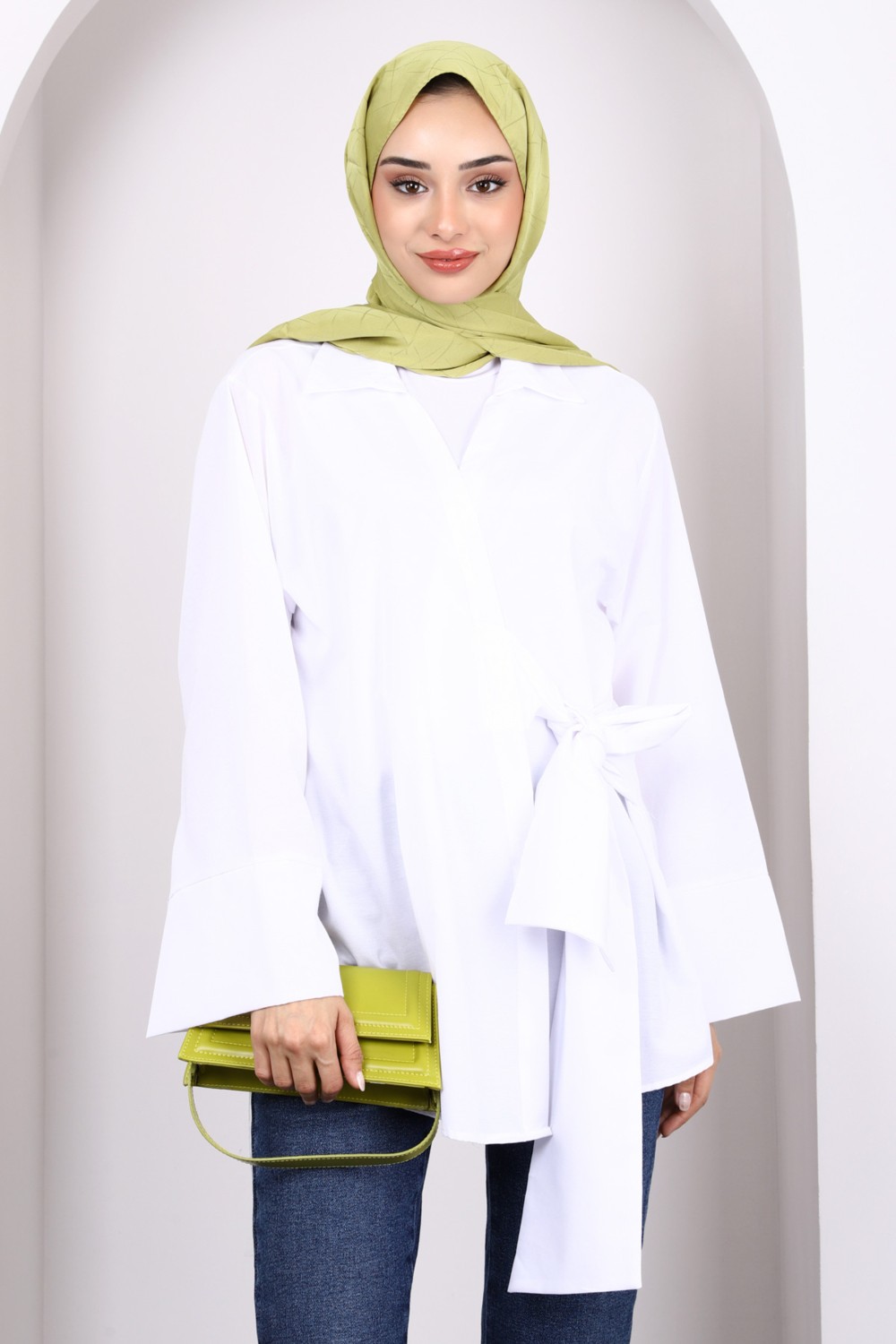 İmaj Butik Beyaz Yan Bağlamalı Kimono görsel 5