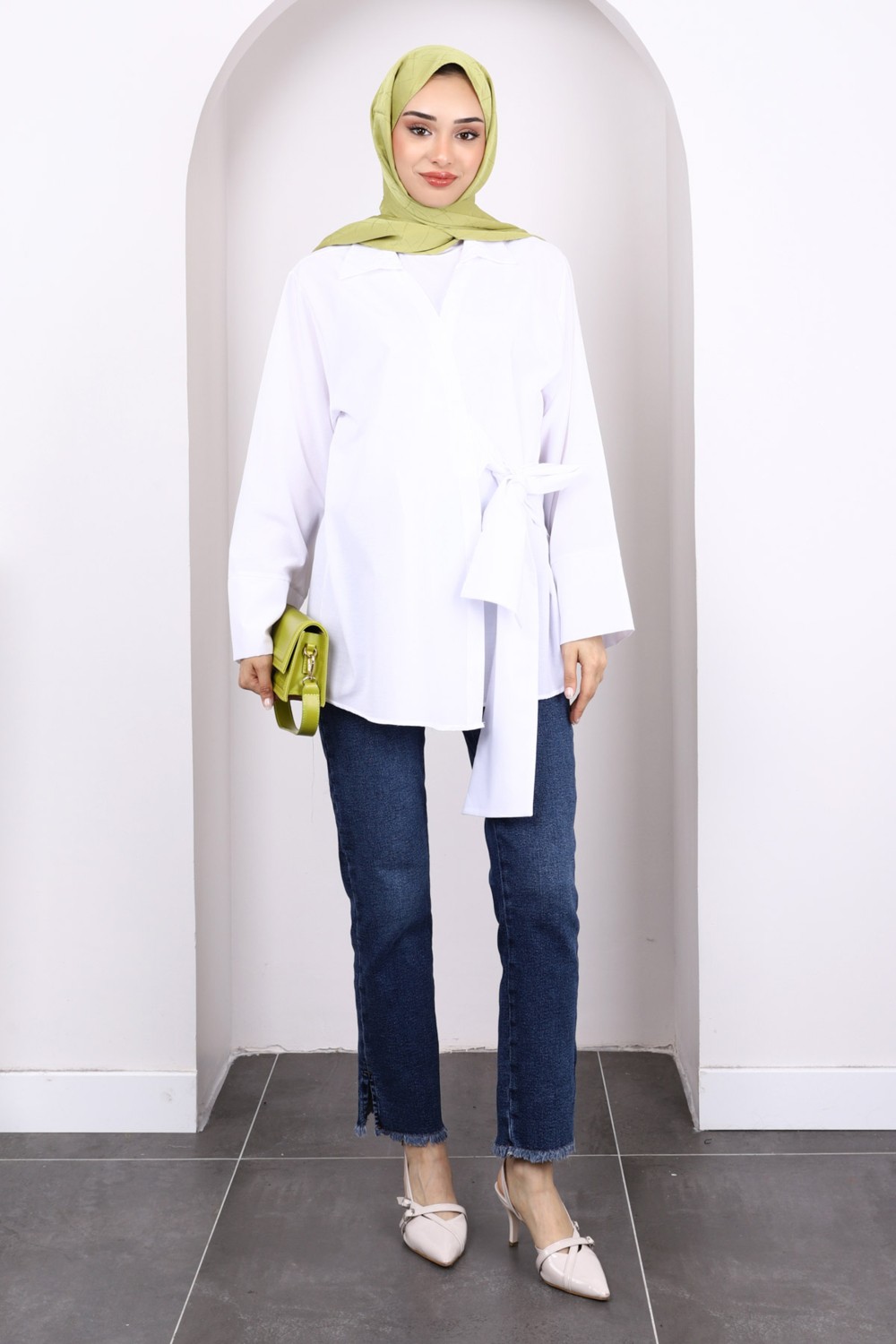 İmaj Butik Beyaz Yan Bağlamalı Kimono görsel 6