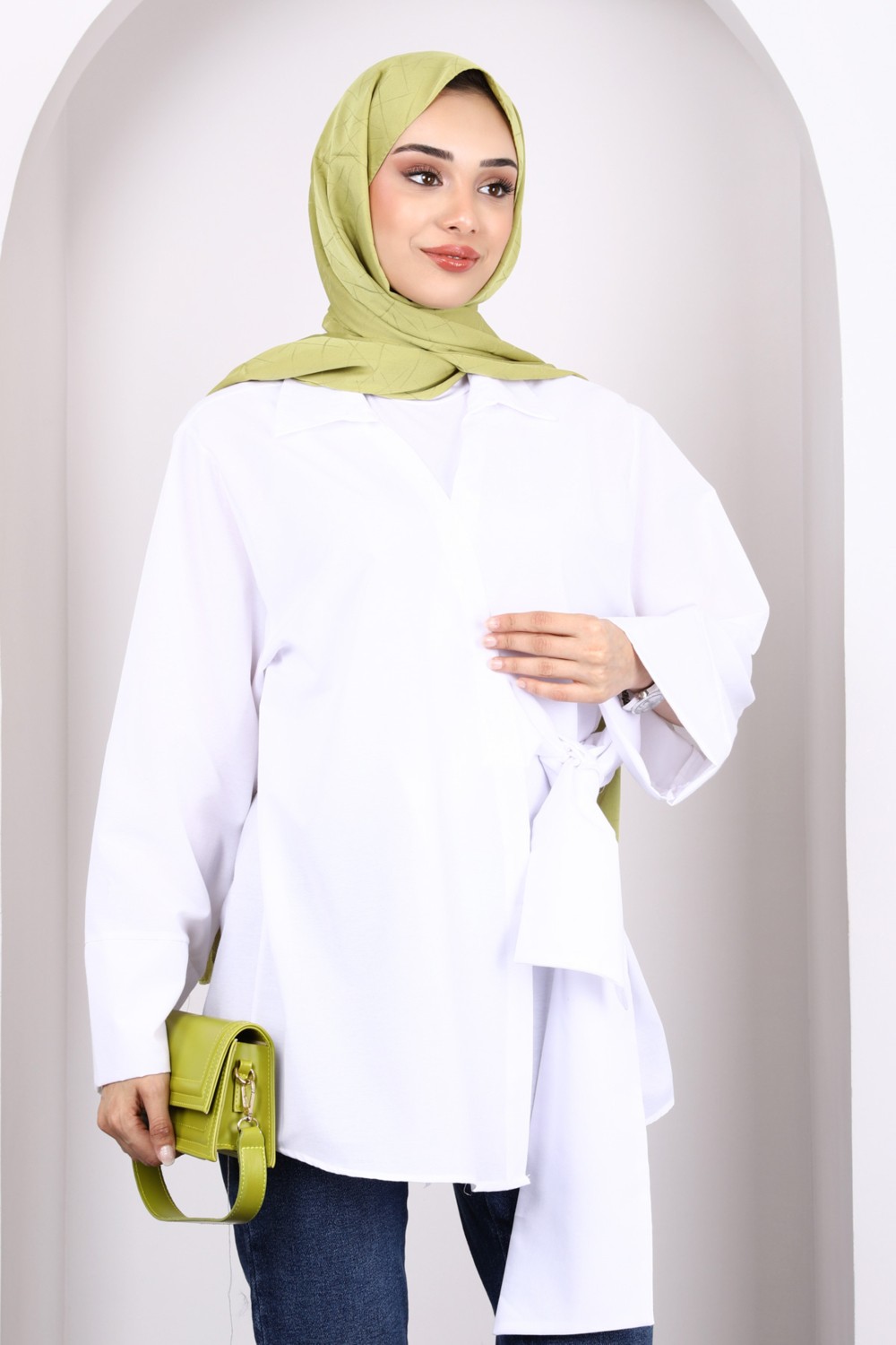 İmaj Butik Beyaz Yan Bağlamalı Kimono görsel 7