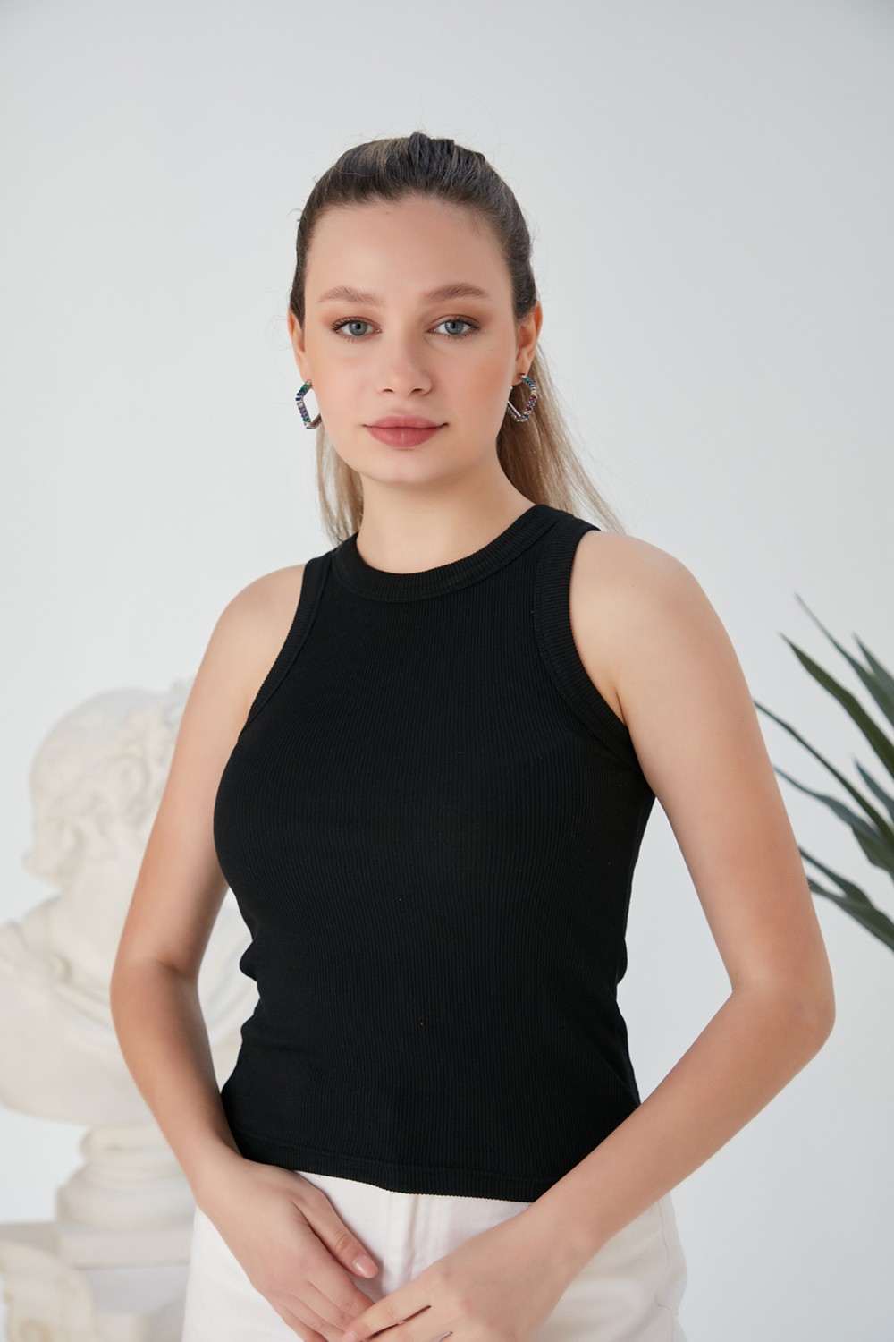 Catspy Lila Zargo Model Fitted/vücuda Oturan Geniş Biyeli Halter Yaka Fitilli Esnek Örme Crop Bluz