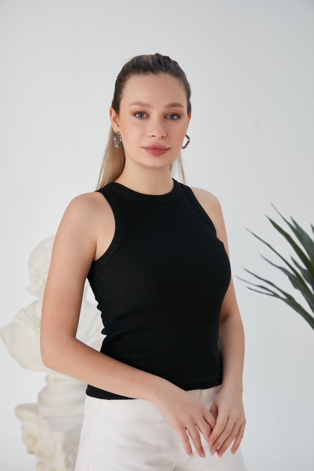 Catspy Lila Zargo Model Fitted/vücuda Oturan Geniş Biyeli Halter Yaka Fitilli Esnek Örme Crop Bluz görsel 2