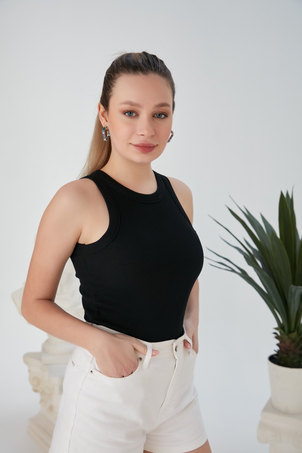Catspy Lila Zargo Model Fitted/vücuda Oturan Geniş Biyeli Halter Yaka Fitilli Esnek Örme Crop Bluz görsel 4