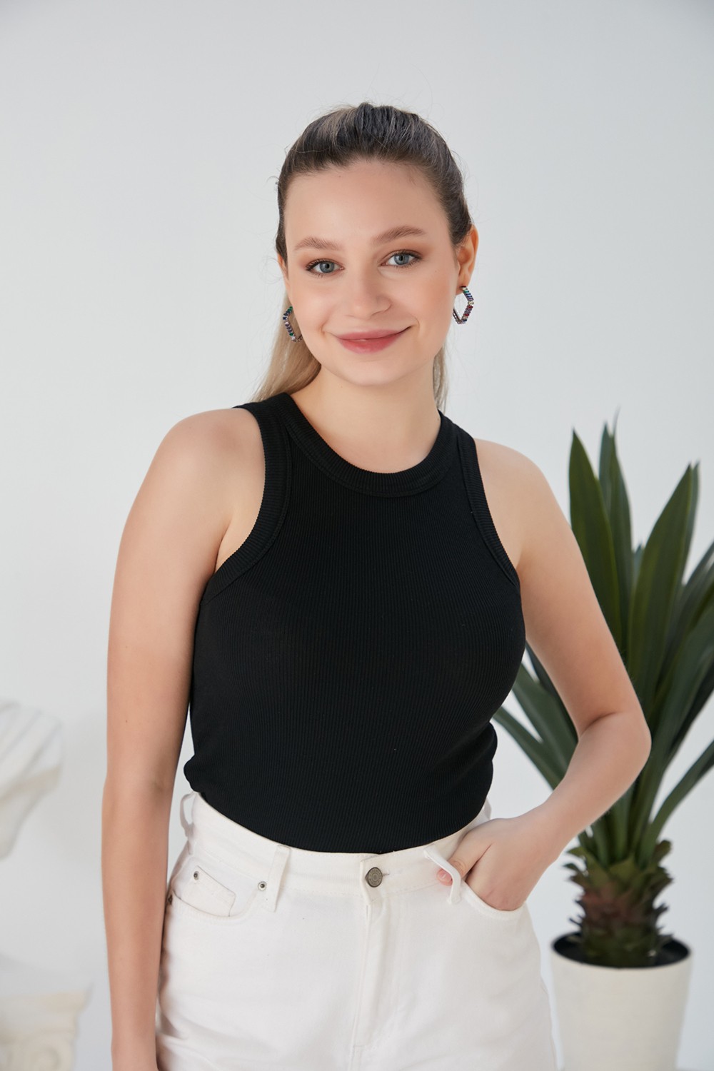 Catspy Lila Zargo Model Fitted/vücuda Oturan Geniş Biyeli Halter Yaka Fitilli Esnek Örme Crop Bluz görsel 5