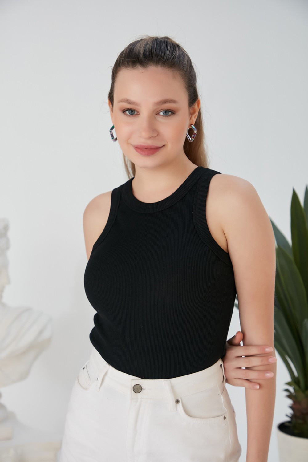 Catspy Lila Zargo Model Fitted/vücuda Oturan Geniş Biyeli Halter Yaka Fitilli Esnek Örme Crop Bluz görsel 6
