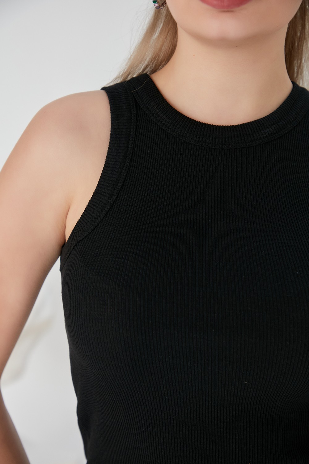 Catspy Lila Zargo Model Fitted/vücuda Oturan Geniş Biyeli Halter Yaka Fitilli Esnek Örme Crop Bluz görsel 7